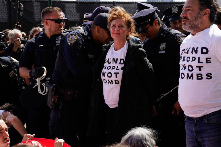 Susan Sarandon centre and other demonstrators ahead of Israeli Prime Minister Benjamin Netanyahu's address at the 81st session of the United Nations General Assembly.