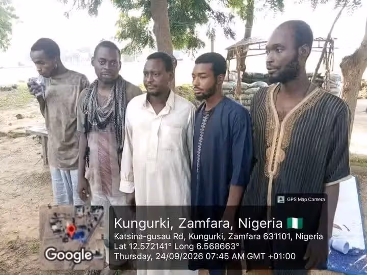Third from left: Nura Abdullahi, the abducted chairman of Bungudu LGA with four other abducters after regaining freedom.