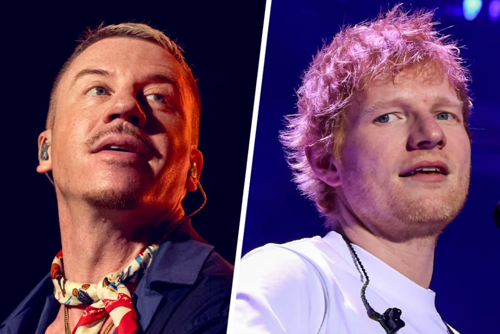 Sheeran, right, said previously that the company promoting his tour made the final decision to drop Macklemore, left, because it held the rapper’s contract.