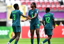 Falconets Advance to World Cup Last 16 After 10-1 Victory Over New Caledonia Nigeria’s Ramotalahi Kareem, centre, is congratulated by Victory Lucky, left, as Tosin Rafiu looks on during the FIFA U-20 Women’s World Cup group-stage match against New Caledonia at Stadion Miejski in Łódź, Poland, on September 13, 2026. Nigeria won 10-1.