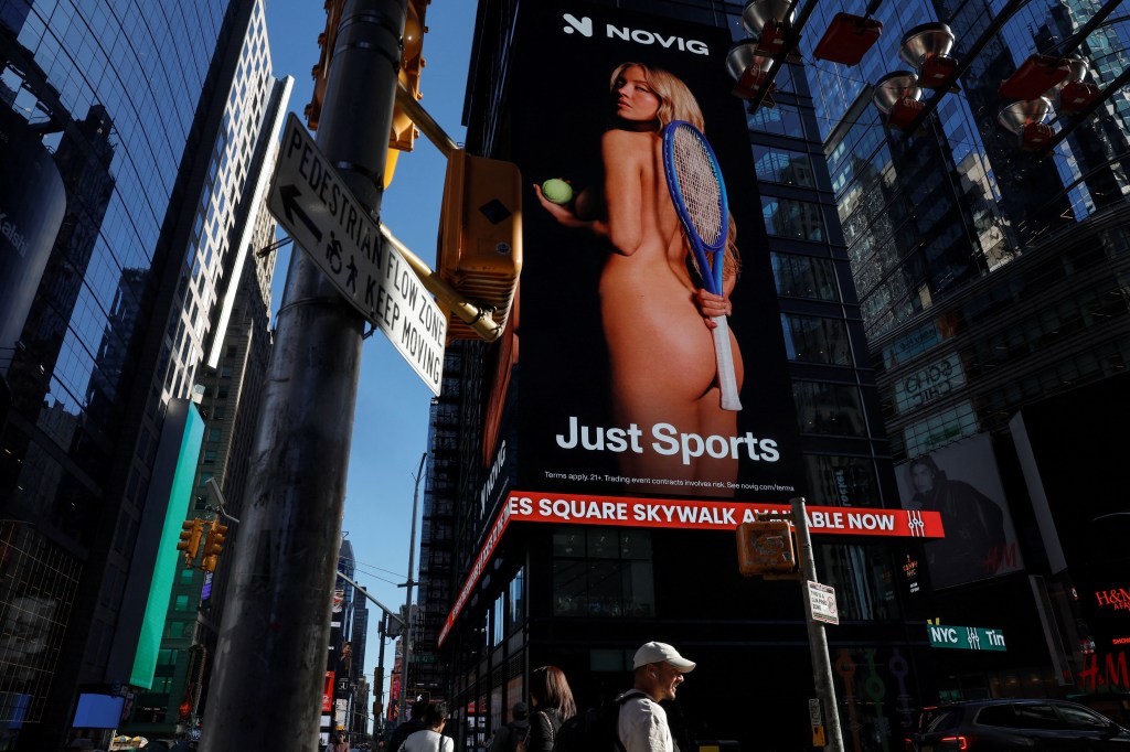 An electronic billboard displaying a picture of actress Sydney Sweeney
