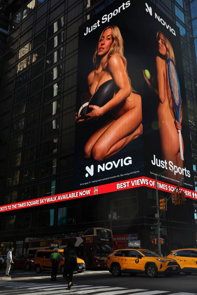 An electronic billboard displaying a picture of actress Sydney Sweeney