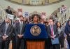 Democratic-Led States and Cities Sue to Block Trump New Green Card Rule New York Attorney General Letitia James speaks during the announcement of a lawsuit filed by New York and 21 other states challenging the federal government’s new public charge rule in New York City on