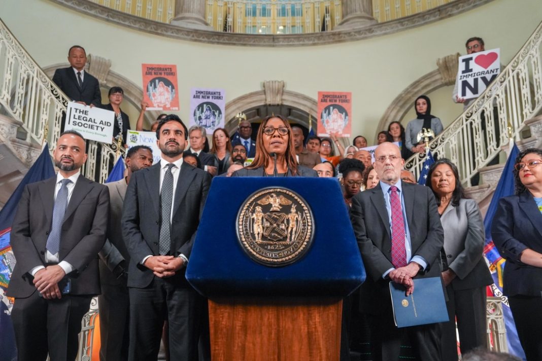 New York Attorney General Letitia James speaks during the announcement of a lawsuit filed by New York and 21 other states challenging the federal government’s new public charge rule in New York City on