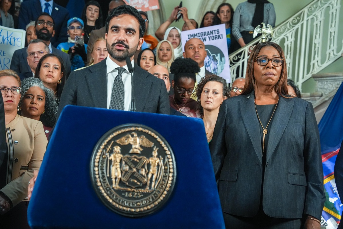 New York City Mayor Zohran Mamdani, left, and New York Attorney General Letitia James announce a lawsuit filed by New York and 21 other states challenging the federal government’s new public charge rule in New York City on September 14, 2026. 