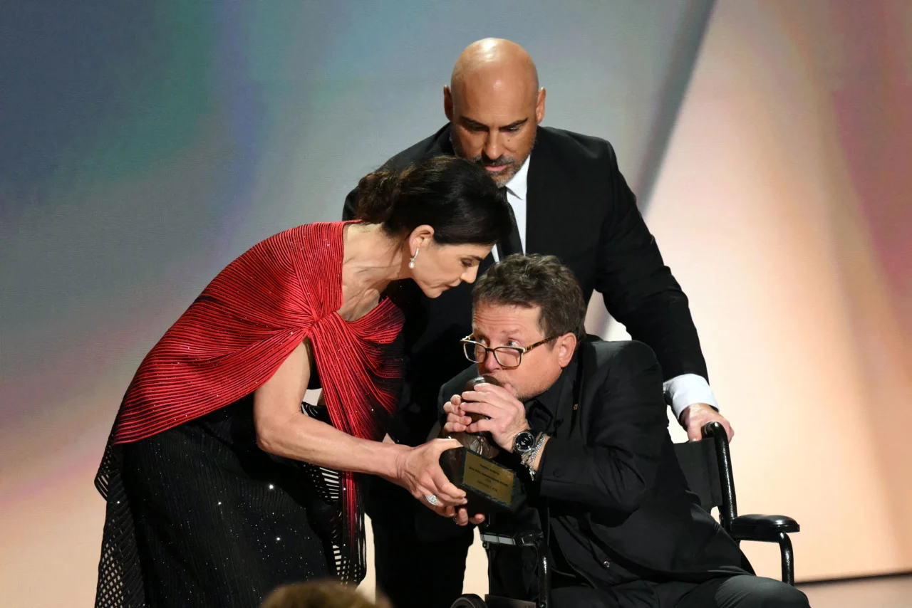 Michael J. Fox accepts the Bob Hope Humanitarian Award from Julianna Margulies during the 78th Primetime Emmy Awards at Peacock Theater in Los Angeles on September 14, 2026.