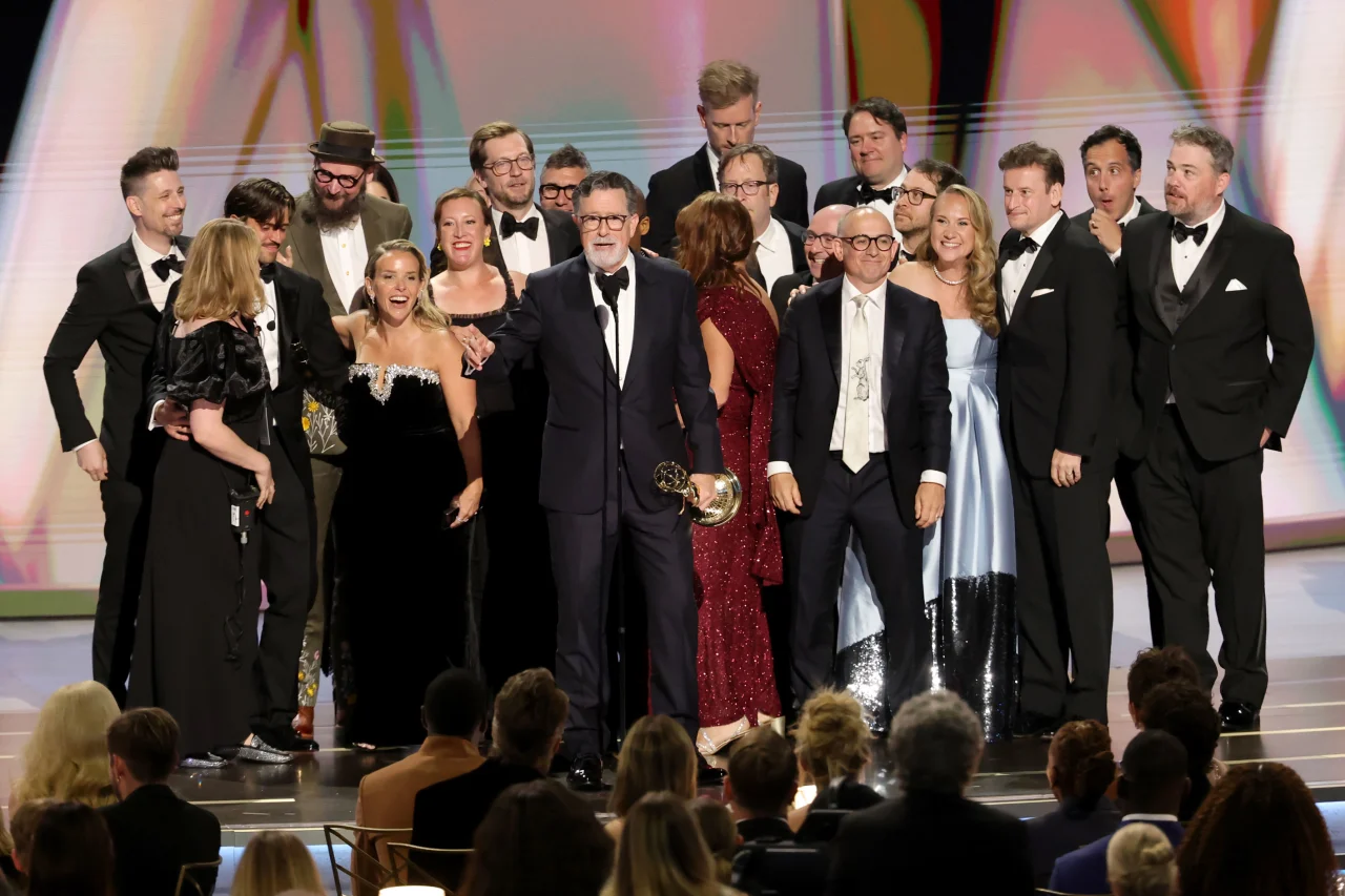 Stephen Colbert and the crew of The Late Show With Stephen Colbert accept the Outstanding Variety Series award during the 78th Primetime Emmy Awards at Peacock Theater in Los Angeles on September 14, 2026. |