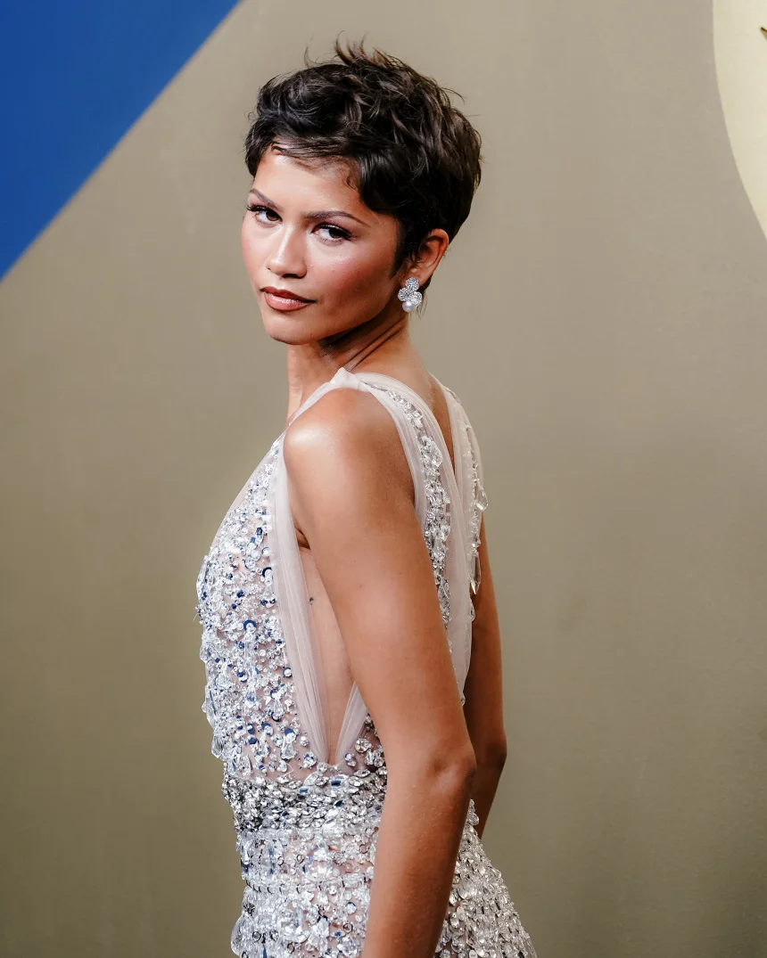 Zendaya arrives at the 78th Primetime Emmy Awards in Los Angeles wearing a semi-sheer custom Prada gown with Mikimoto pearl jewellery, September 14, 2026. 
