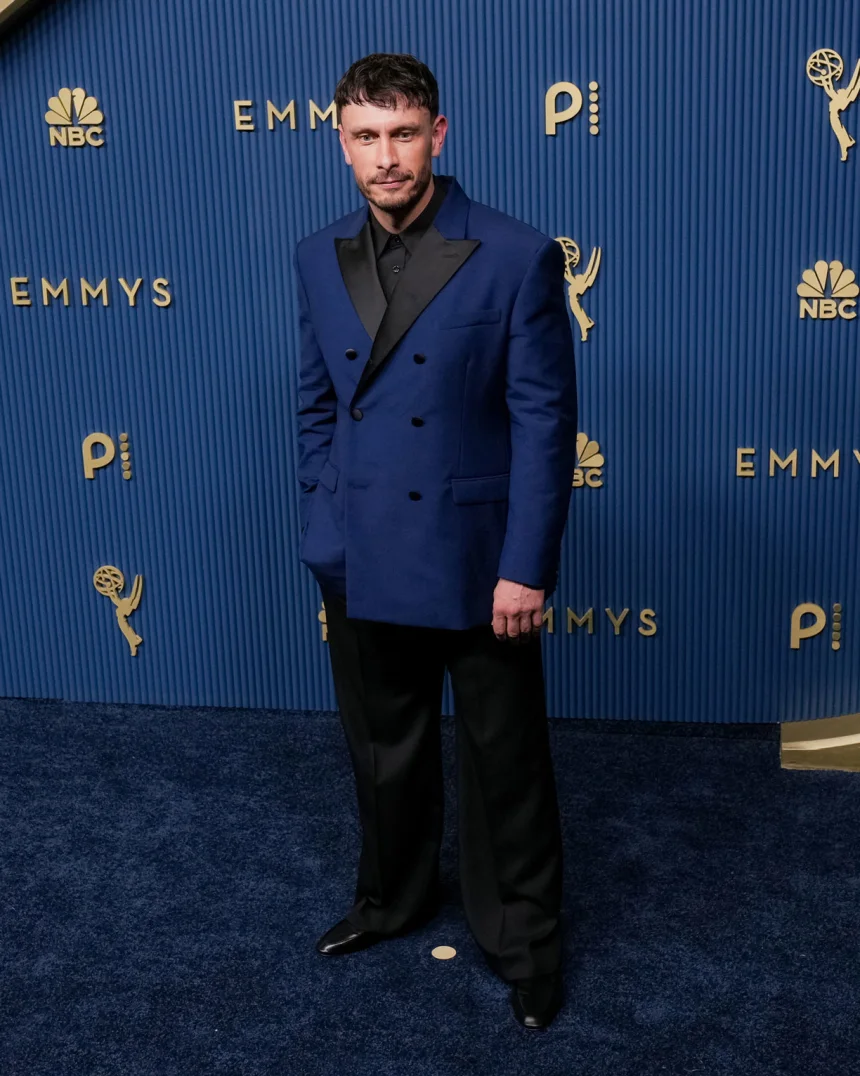 Richard Gadd attends the 78th Primetime Emmy Awards in Los Angeles wearing a black-and-blue Celine ensemble, September 14, 2026.