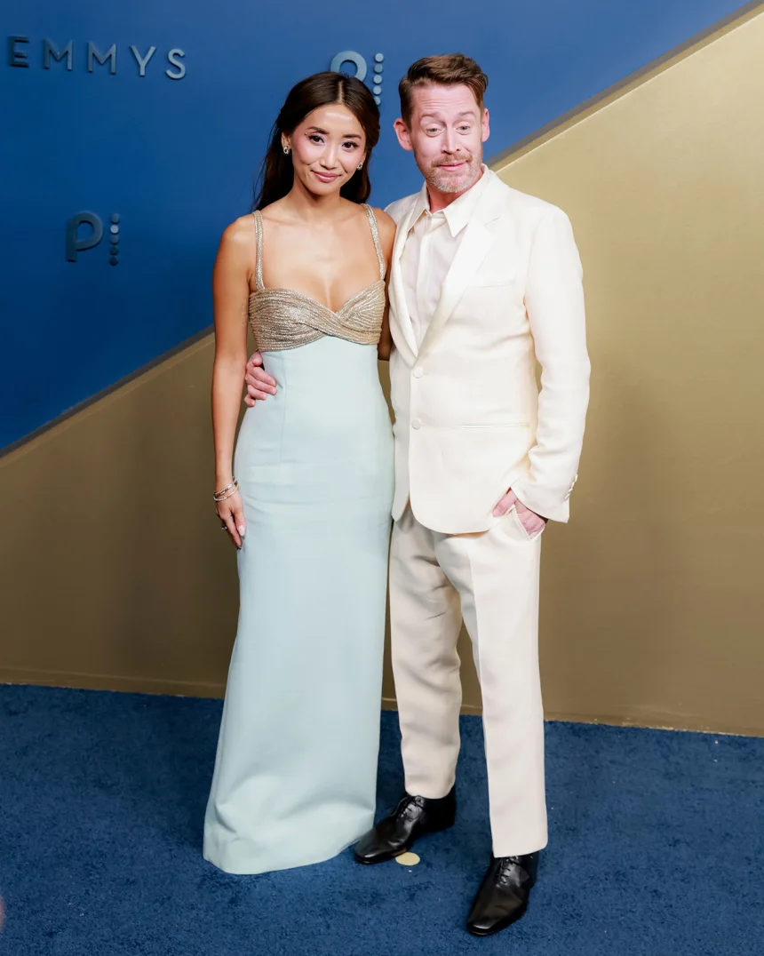 Brenda Song, wearing Oscar de la Renta, and her partner, Macaulay Culkin, in a Gabriela Hearst suit, attend the 78th Primetime Emmy Awards at the Peacock Theater in Los Angeles on September 14, 2026. | Jennelle Fong for CNN