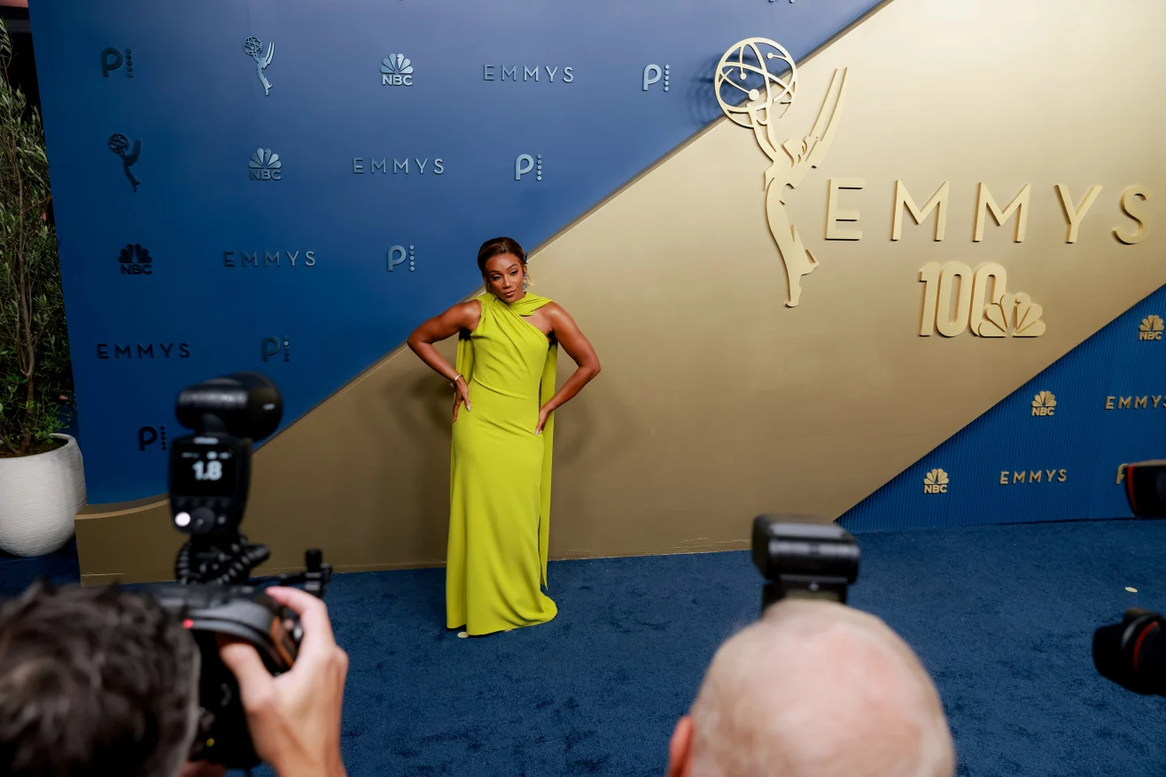 LOS ANGELES, CALIFORNIA – SEPTEMBER 14: Actor and comedian Tiffany Haddish attends the 78th Primetime Emmy Awards at the Peacock Theater on Monday, September 14, 2026, wearing a draped peridot gown from Oscar de la Renta’s Fall-Winter collection. | Jennelle Fong for CNN