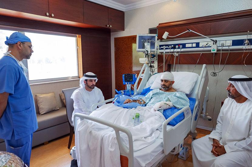 Dubai Crown Prince Sheikh Hamdan bin Mohammed bin Rashid Al Maktoum visits injured flydubai pilot Captain Smit Machchhar as he receives treatment at a hospital in Abu Dhabi on Saturday, October 3, 2026. | @HamdanMohammed/X/ANI Photo