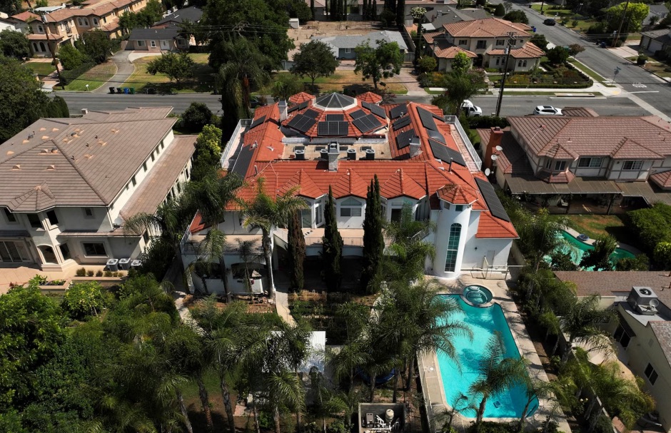 An aerial view shows the home of Silvia Zhang and Guojun Xuan on July 16, 2025, in Arcadia, California.
