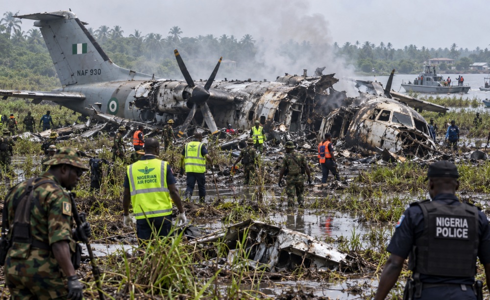 A digital illustration shows emergency personnel responding to the wreckage of a Nigerian Air Force ATR 42 aircraft in a swampy area of Igbokoda, Ondo State, following a crash on October 5, 2026. | The Trent
