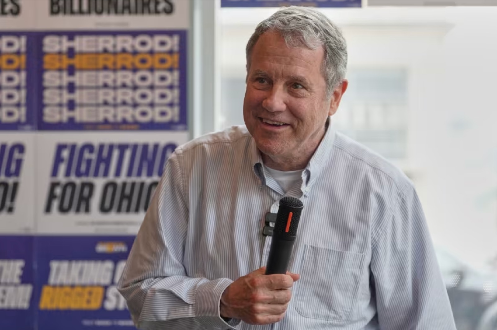 Democratic Ohio Senate candidate Sherrod Brown, a former three-term U.S. senator, speaks at a campaign event in Akron, Ohio, on July 16, 2026.
