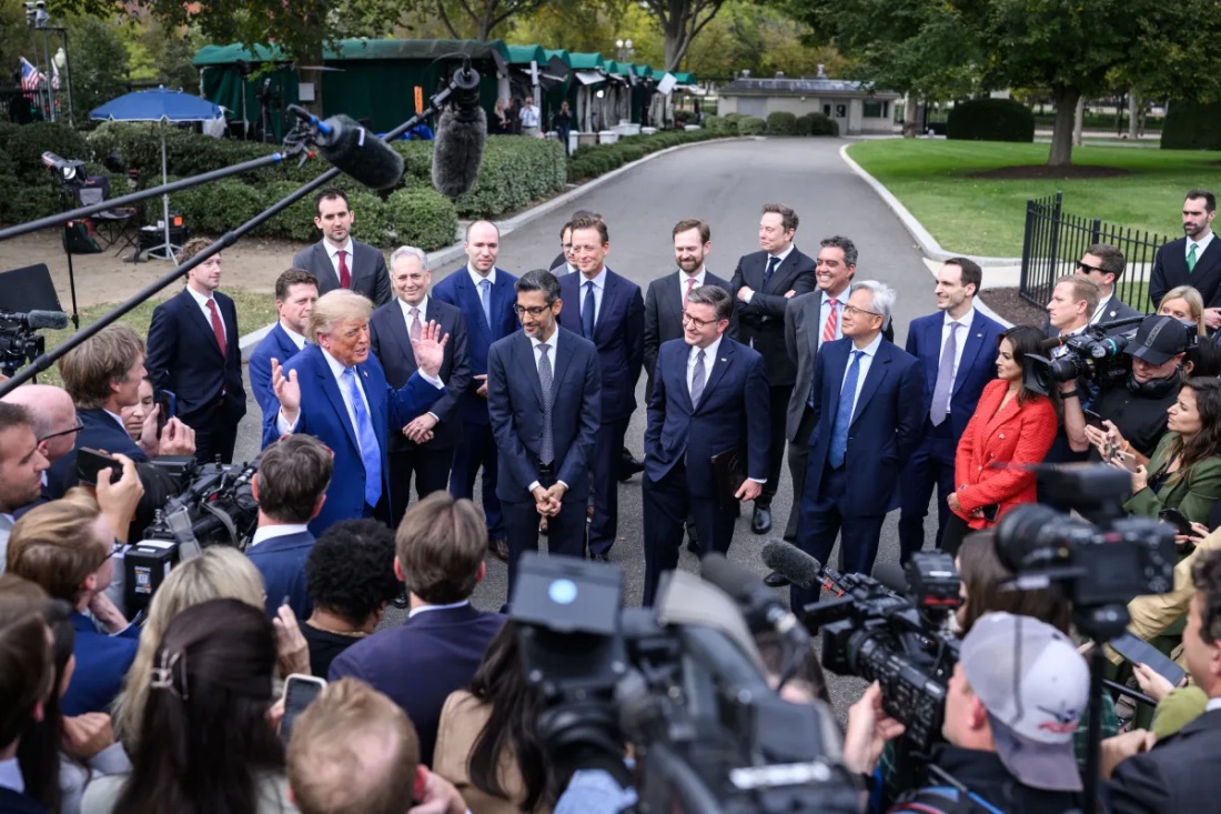 U.S. President Donald Trump speaks to reporters alongside technology executives outside the West Wing following a luncheon on superintelligence at the White House in Washington, D.C., on Tuesday, September 29, 2026.