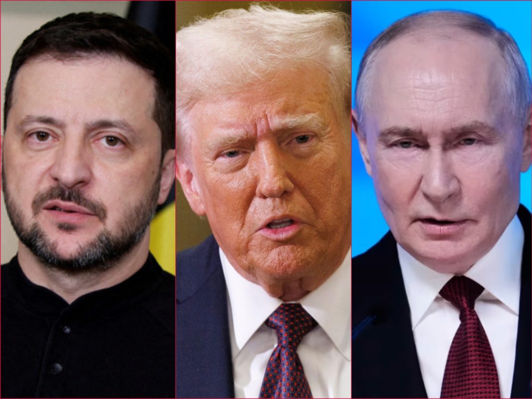 Composite: L-R- Ukrainian President Volodymyr Zelensky, US President Donald Trump, Russian President Vladimir Putin
