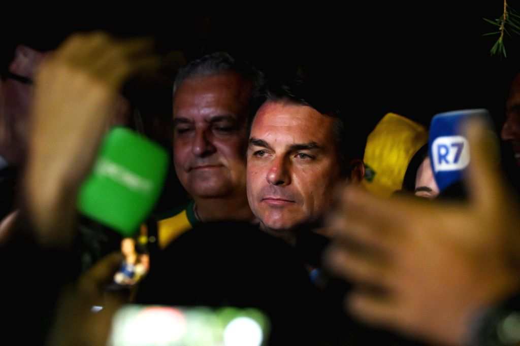 Liberal Party presidential candidate Flávio Bolsonaro speaks to journalists after the announcement of Brazil’s first round presidential election results in Brasília, Brazil, on Sunday, October 4, 2026.