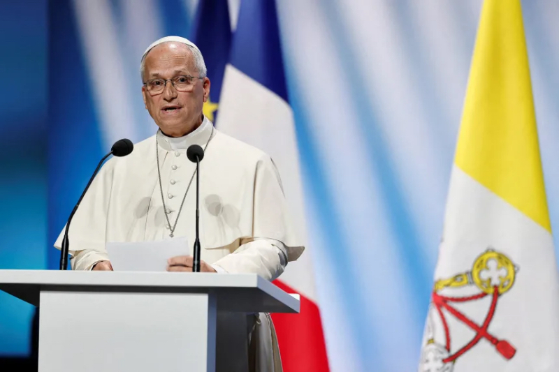 
Pope Leo XIV delivers a speech during a meeting at the Robert Schuman Conference Center in Metz on Monday. | Benoit Tessier/AFP/Getty Images
